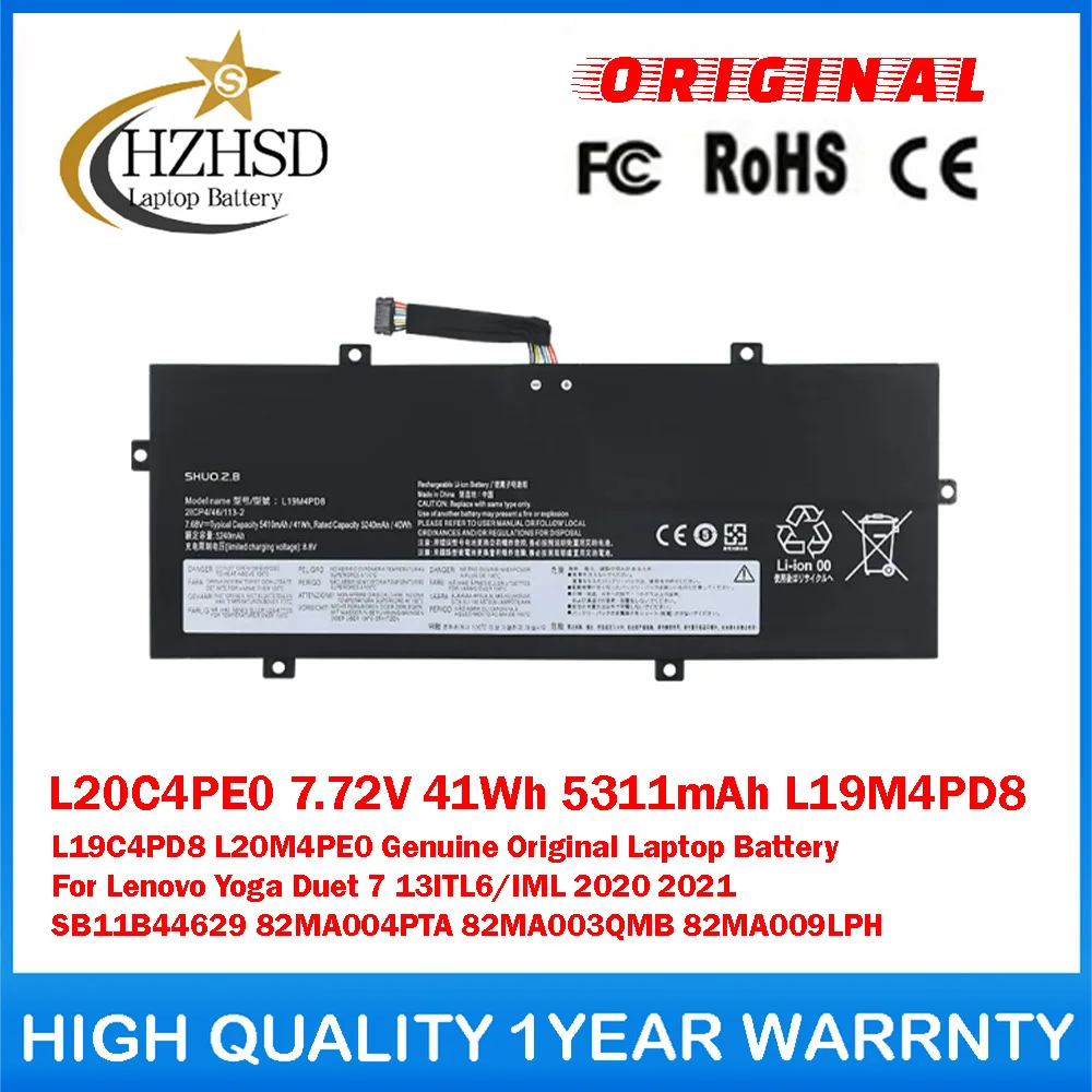 

L20C4PE0 7.72V 41Wh 5311mAh L19M4PD8 L19C4PD8 L20M4PE0 Оригинальный аккумулятор для ноутбука Lenovo Yoga Duet 7 13ITL6/IML 2020/21