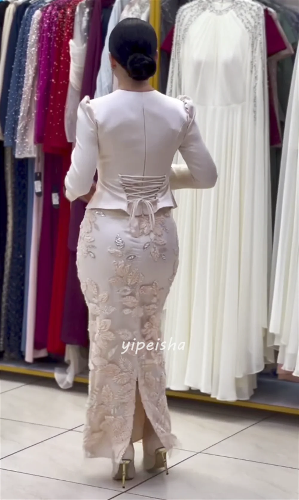 Customized High Quality Sparkle Jersey Handmade Flower Sequined Straight Prom Dresses Square Neck Long Sleeves Evening Dresses image 5