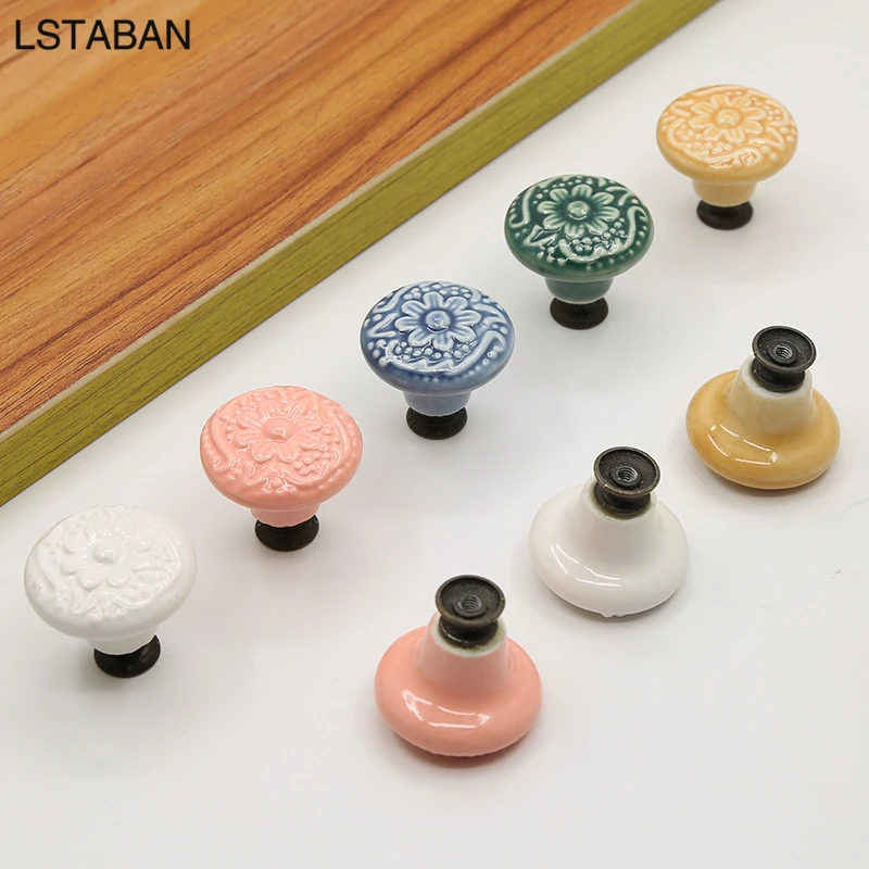 Relief Colorful Ceramic Cabinet Handle Flower Surface Kitchen Door Knob Cupboard Wardrobe Drawer Pull Furniture Hardware Handles