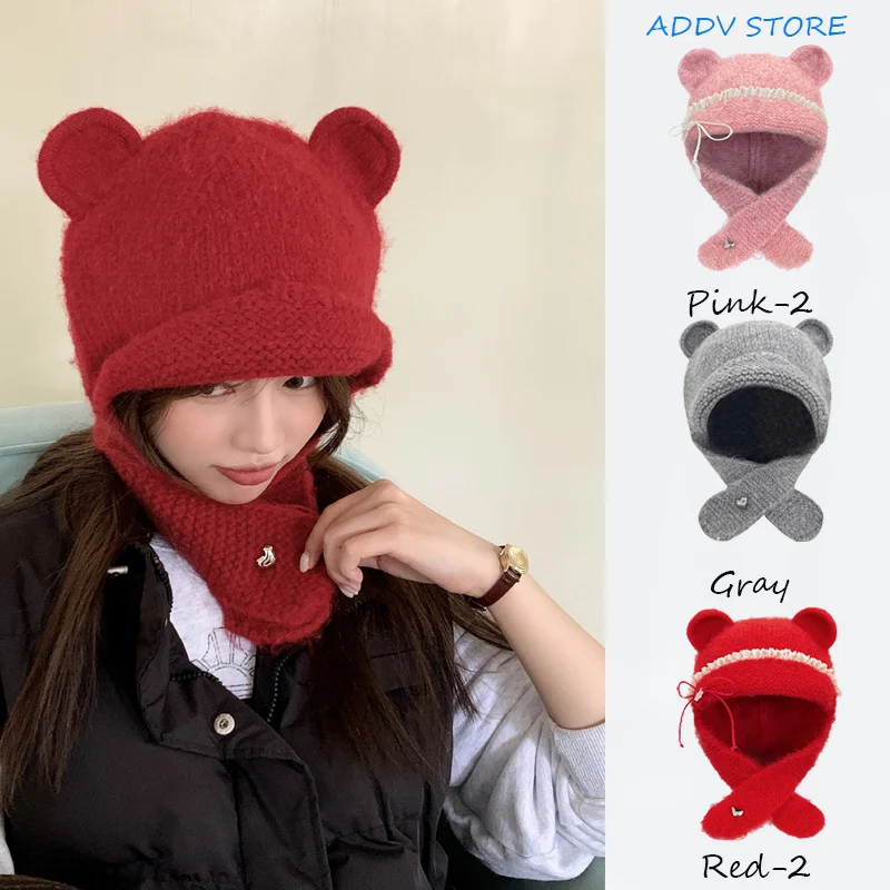 Korea Bear Ear Bow Knitted Hat Autumn Winter Warm Lace-Up Ear Protection Cap Outdoor Women's Bomber Cap Bonnets Gift Gorras