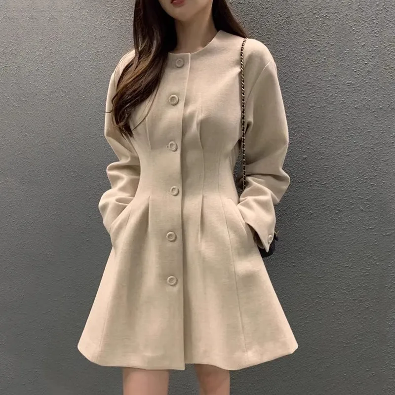 Autumn Winter Vintage Round Neck Single Breasted Pleated Solid Long Sleeved Woolen Coat Women Jackets