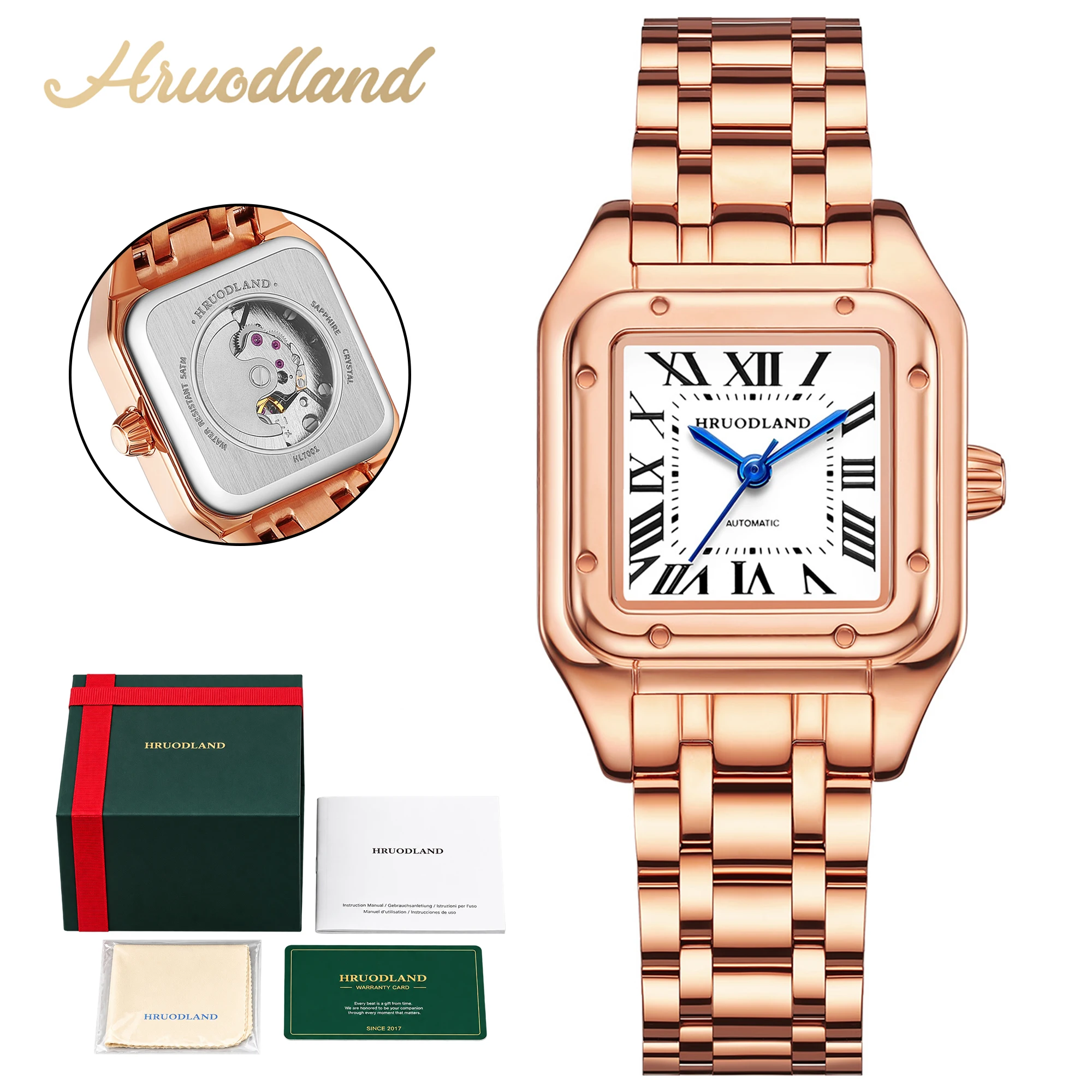 HRUODLAND 26mm Small Square Ladies Rose Gold Dress Watch Automatic Mechanical Roman Numeral Sapphire Crystal Stainless Steel