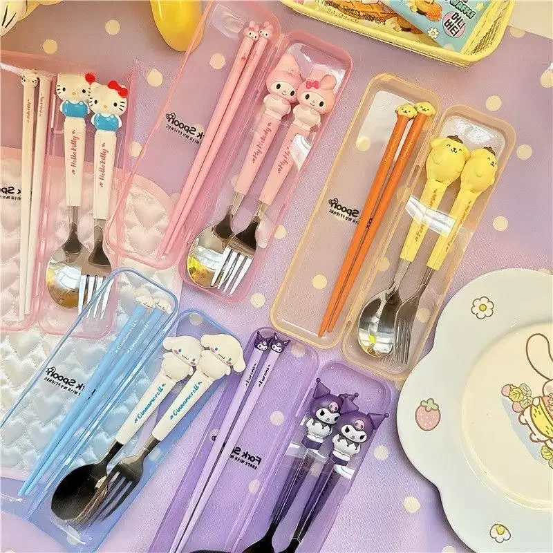 Sanrio Kuromi Hello Kitty Melody Kids Chopsticks Spoon Fork Set Cinnamoroll Stainless Steel Cutlery Set Students Birthday Gifts