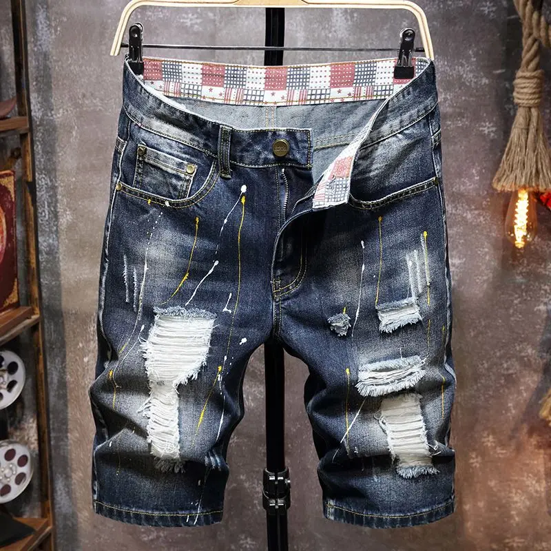 Men's Graffiti Ripped Short Jeans 2025 Summer New Fashion Casual Slim Big Hole Retro Style Denim Shorts Male Brand Clothes