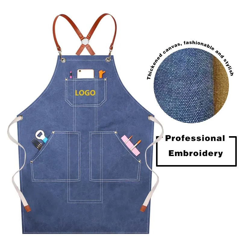 

Custom Logo Brand Embroidery Kitchen Beauty Salon Coffee Shop Attendant Work Accessories Uniform Denim Canvas Waterproof Apron