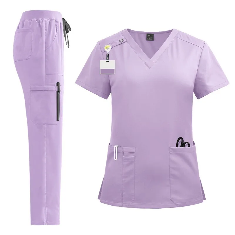 Pflege Scrubs Uniform Anzug Kurzarm V-ausschnitt Tops + Hosen Sets Frauen Mehrfarbige Pet Medizinische Arbeitskleidung Krankenschwester Zubehör