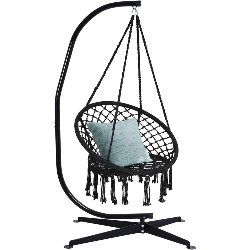 Solid Steel Stand Hammock Swing Chair, Handwoven Cotton Rope, Heavy Duty Outdoor Indoor Hanging Chair (Black)