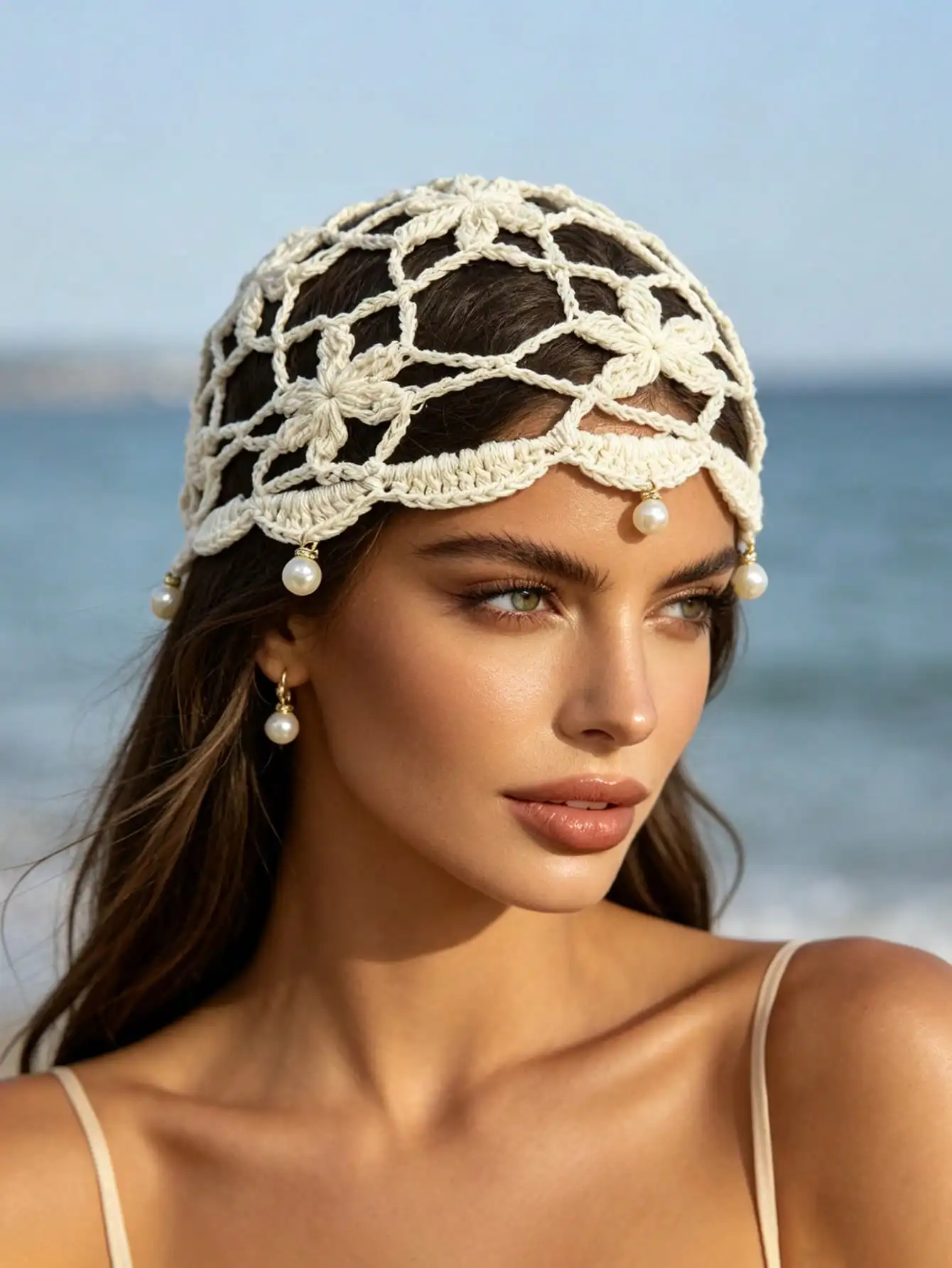 1 Stück Bohemian handgefertigter Häkel-Perlenanhänger, hohle Strickmütze, vielseitiges Haar-Accessoire, geeignet für Strandurlaub und Alltag.