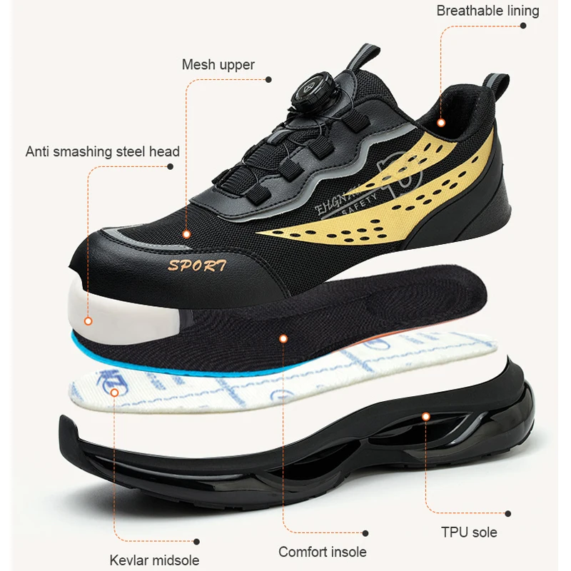 New Rotating Button Safety Shoes For Men Reflective Design Work Sneakers Protective Shoes Anti-smash Anti Puncture Work Shoes