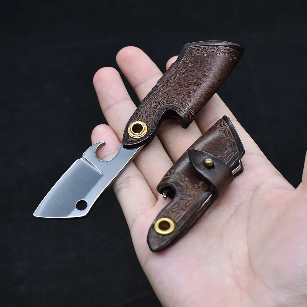 D2 Steel Sharp Mini Folding Blade Knife Leather Case Handle Small Razor Pocket Knife Self Defense Hand Tool with Opener