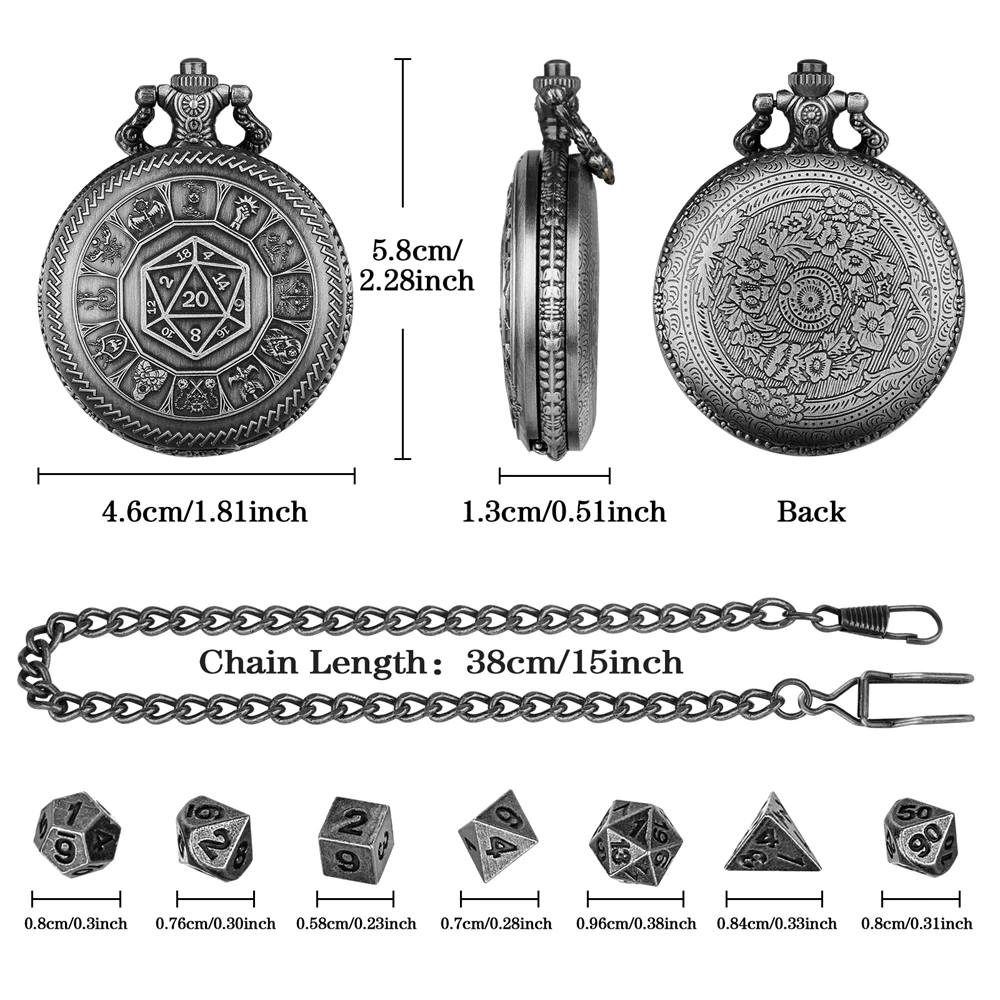 Retro grey Dice Pattern Cover a tema antico custodia per orologio da tasca vuota custodia per orologio con dadi in metallo da 7 pezzi e catena con