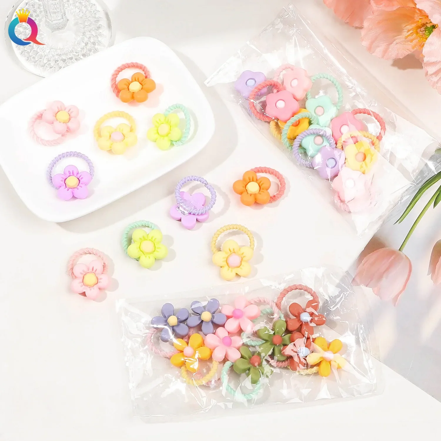 AdTosFruit Design Elastic Bands for Girls, Small Children Hair Rope, Pink, Purple, Flower Scrunchies, Ponytail Rings, 10Pcs