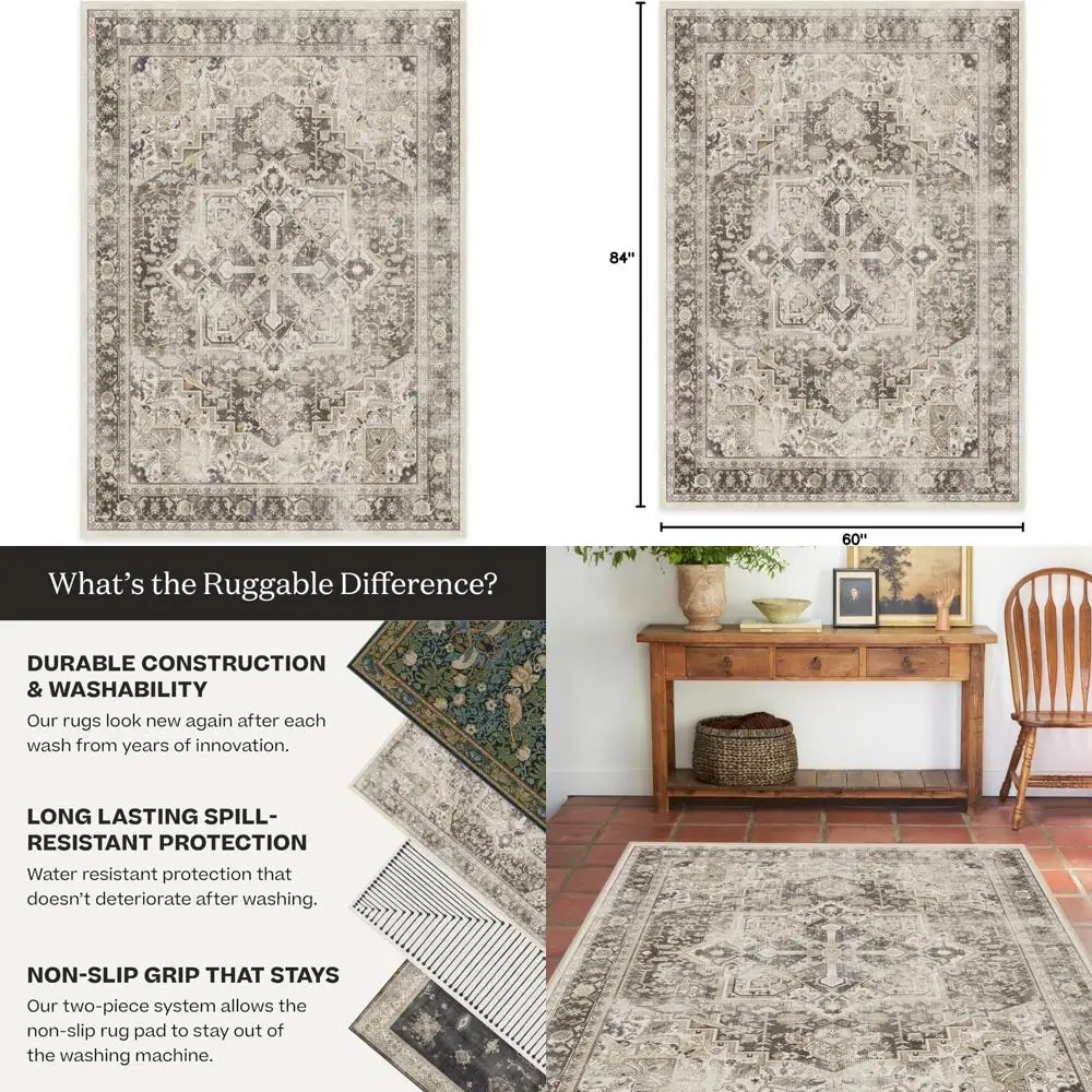 Washable Vintage Kamran Hazel Area Rug, 5x7, Stain-Resistant, Non-Slip, Medium Machine Washable Rugs for Living Room