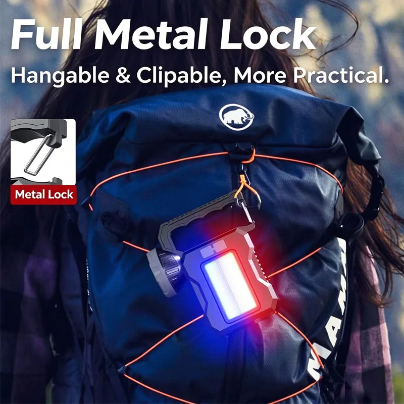 Solar Powered Work Light Portable Waterproof Searchlight Rechargeable Hand Torch with Full Metal Hanging Buckle Red Blue Strobe