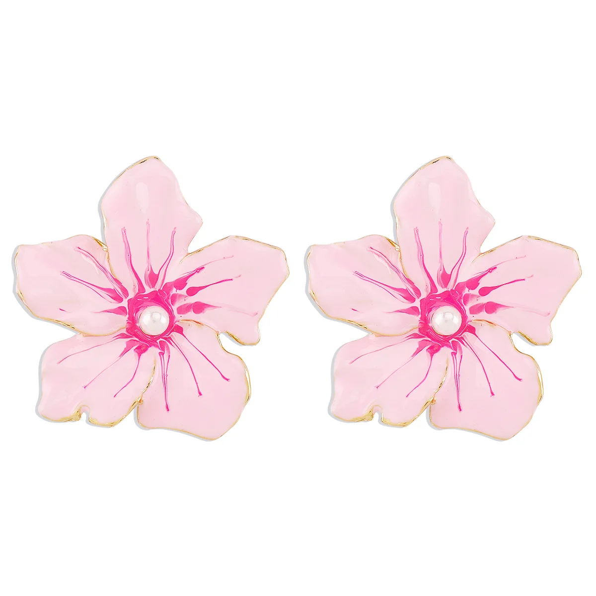 Classic Vintage Pink Drip Oil Big Flowers Pearl Stud Earrings for Women Romantic Temperament Elegant Charm Girl Jewelry image 5