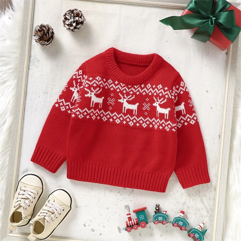 Baby Knitted Sweater Christmas Santa/Elk Print Casual Warm Long Sleeve Pullovers Infant Knitwear for Toddler Xmas Clothes