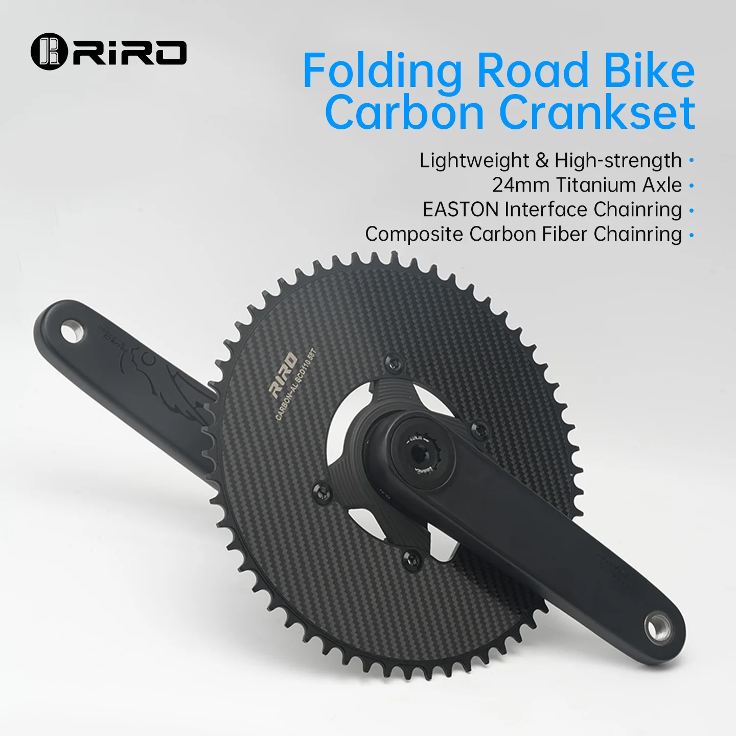 RIRO Carbon Fiber Crankset for Road Bike 24mm Titanium Spindle Carbon Single Chainring Power Meter Folding Bike Upgrade