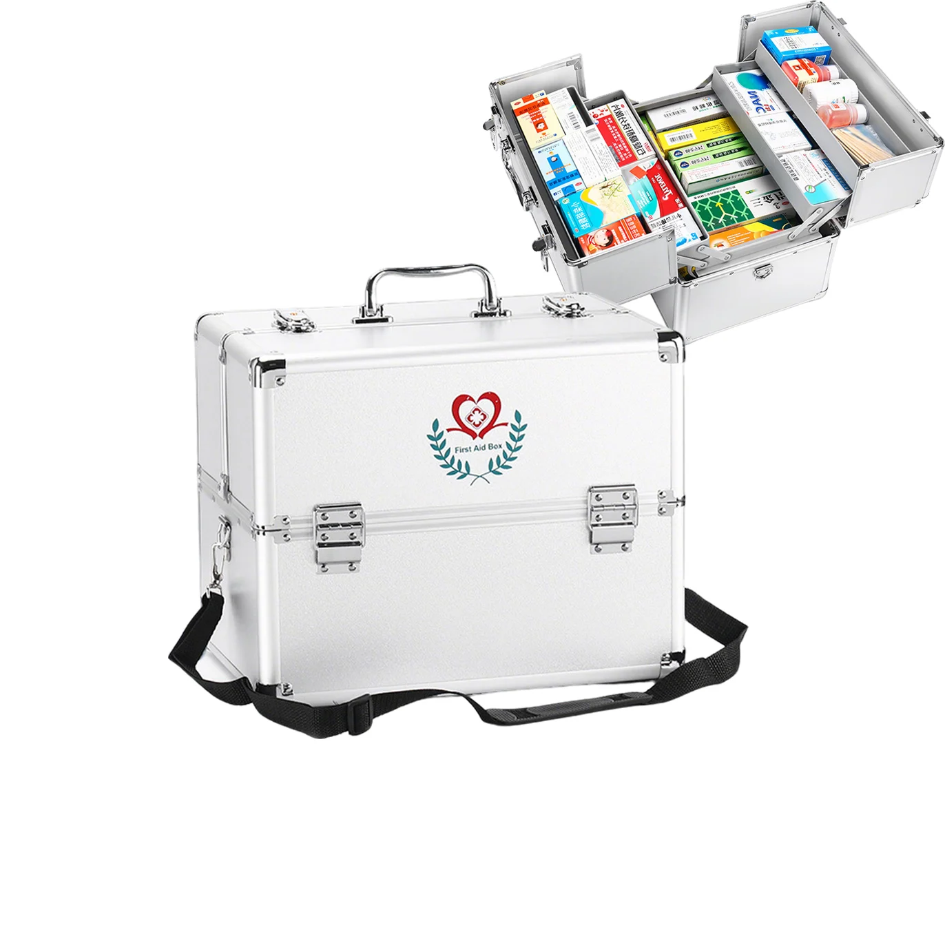 

14/18inches Double-opening Three-Tier Medicine Suitcase First Aid Box with Shoulder Strap Medical Box Aluminum Alloy Storage Box