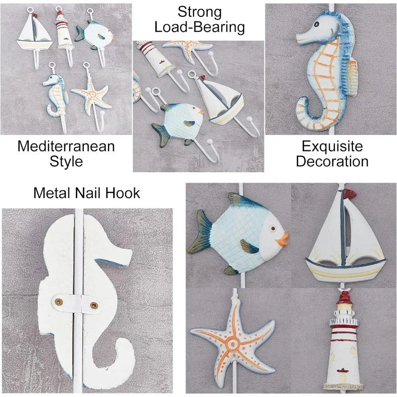 5PCS 5 Sizes Sea Horse Fish Starfish Sailboat Beacon Shape Wall Hooks Mediterranean Style Composite Wood Wall Hooks