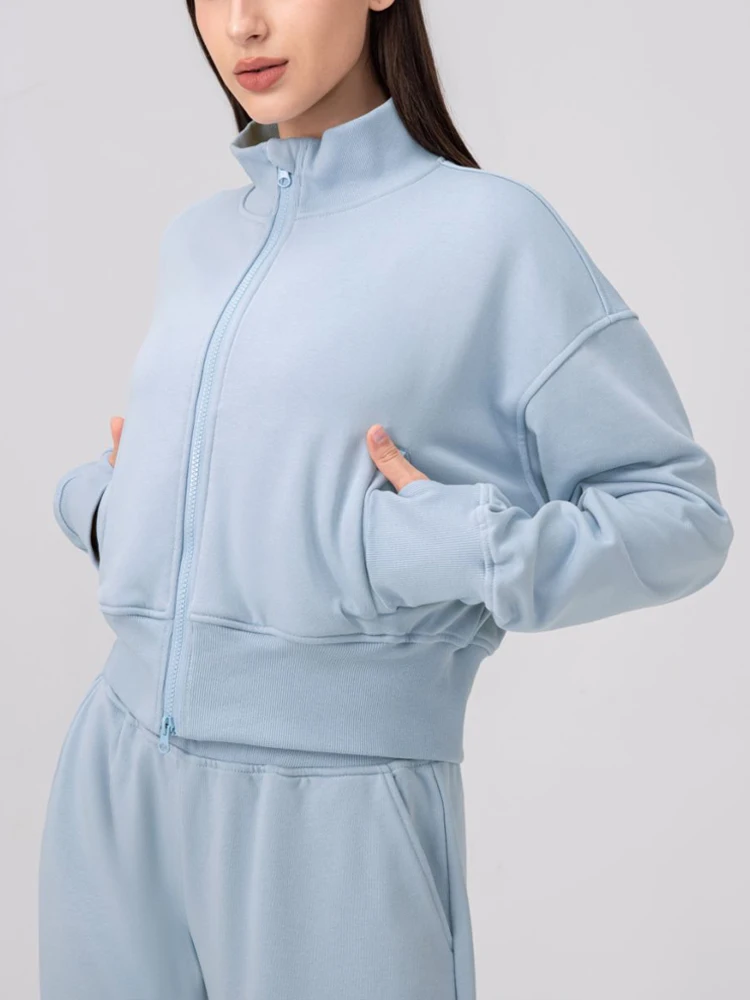 VITALINOVO Womens Zip Up Jackets Stand Collar Crop Sweatshirt with Pockets Thumb Hole Fall Long Sleeve Athletic Jackets Winter