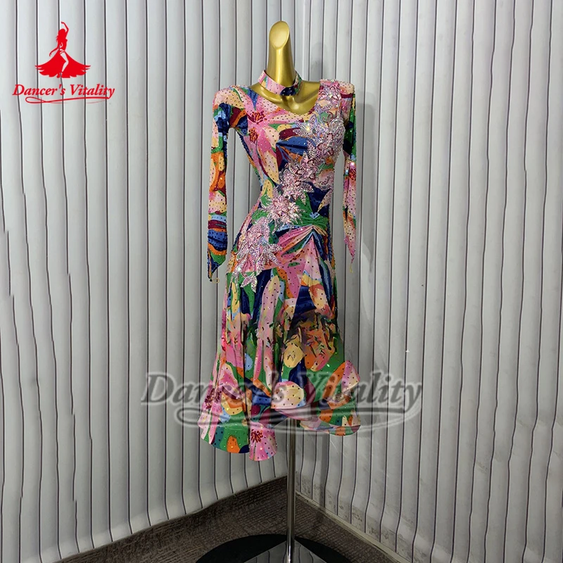 Latin Long Sleeves V-shaped Back Dancing Dresses Included Necklace Advanced Customized Dancer's Vitality Chacha Samba Clothing