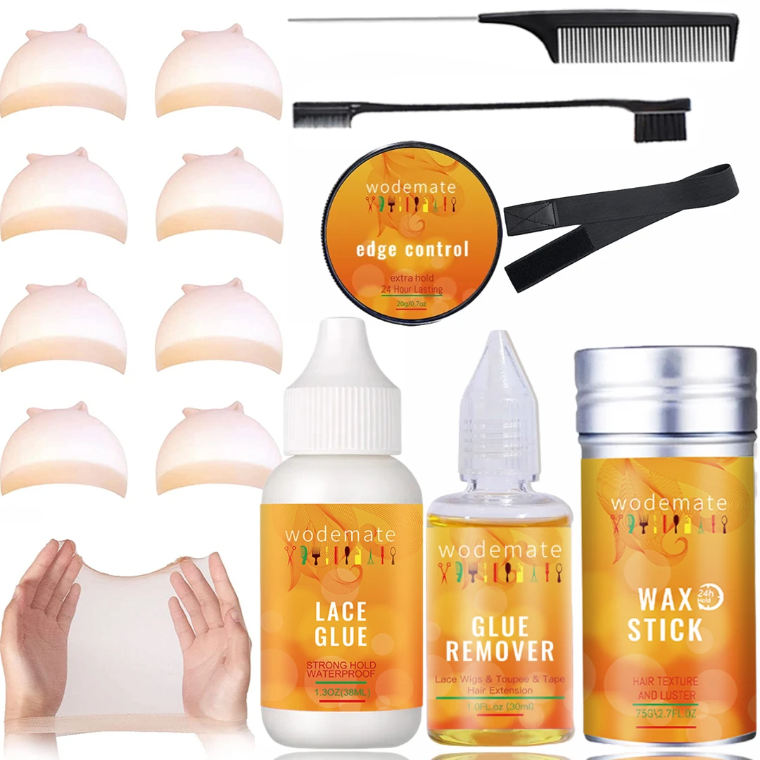 Lace Glue for Lace Front Wigs Waterproof Wig Glue Strong Hold Transparent Lace Adhesive and Remover Set+Wax Stick for Hair