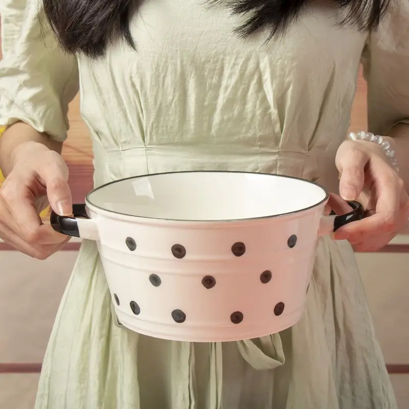 

Чаша для супа с двойным ухом в горошек, фарфоровая миска Hebe Sle Dormi для домашнего использования, спиральная миска для рисовой лапши с мелким д...