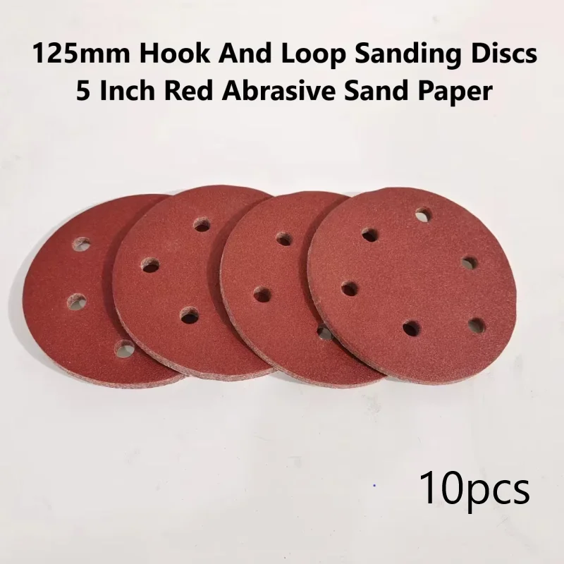 10pcs 125mm Hook And Loop Sanding Discs 5 Inch Red Abrasive Sand Paper with 6 Holes Grits 80-800 Available for Power Sander