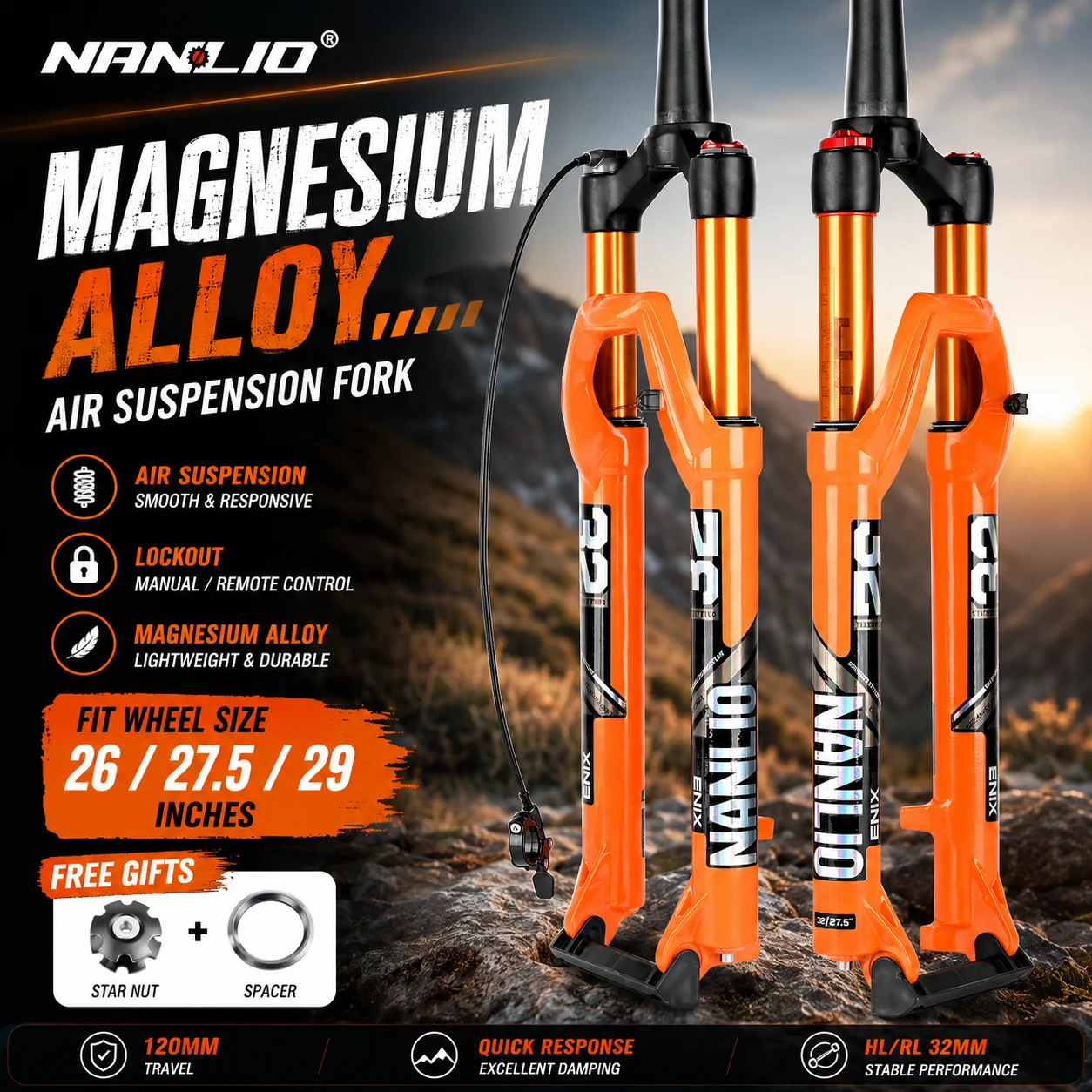 

NANLIO MTB Air Suspension Fork 26 27.5 29 Inch Magnesium Alloy 32mm Mountain Bike Fork 100mm Travel Lockout Cycling Accessories