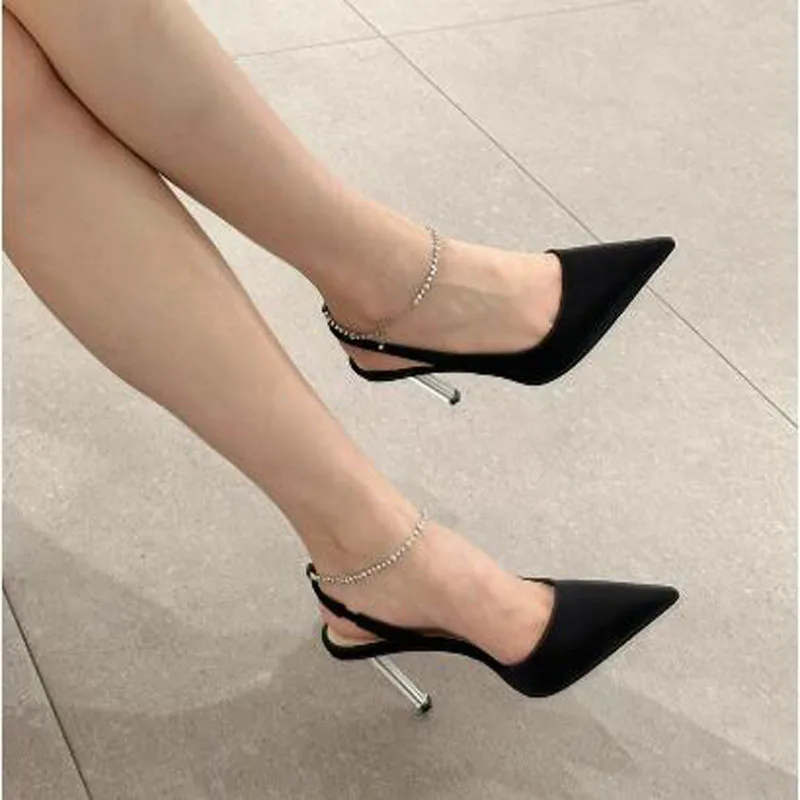 Summer Women White Black Solid Ankle Bling Crystal Rhinestone Pointed Toe Shallow Thin Heels Slingback Sandals Banquet Shoes