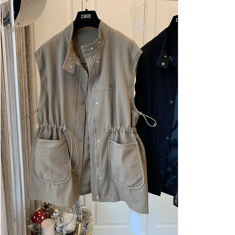 2026 Korean Style Casual Loose-fitting Patchwork Pocket Mid-length Workwear Vest Jacket with a Niche Design Featuring a Loose