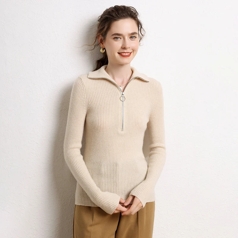 

Autumn Winter Women 100% Cashmere Sweater Half Zip High Elastic High Quality Female Polo Neck Knitted Top Slim Korean Style
