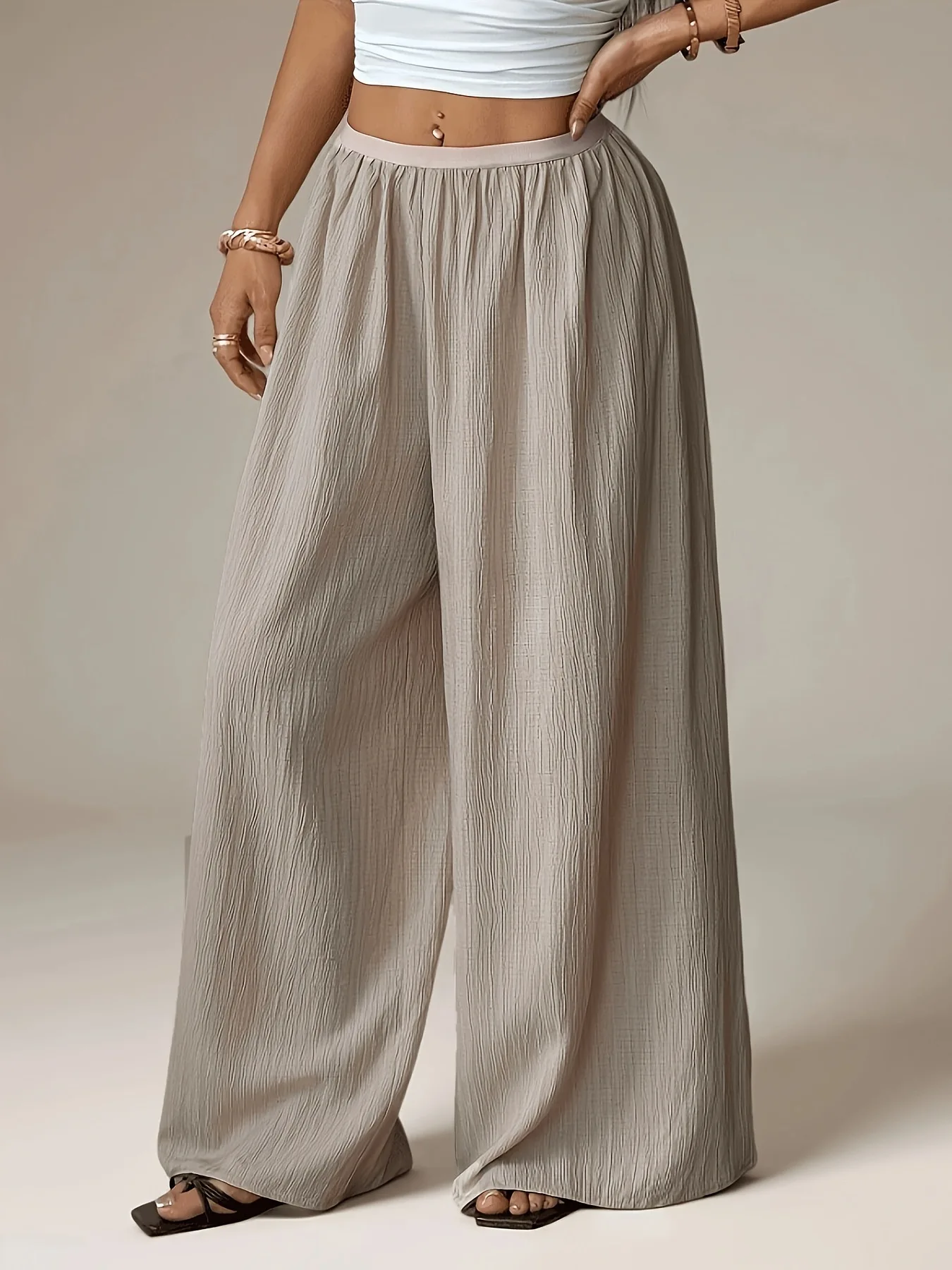 Women's Pants Casual Pleats Elastic Waistband Wide Leg Pants For Streetwear Holiday Beach Jogger Summer Straight Long Pants 2026