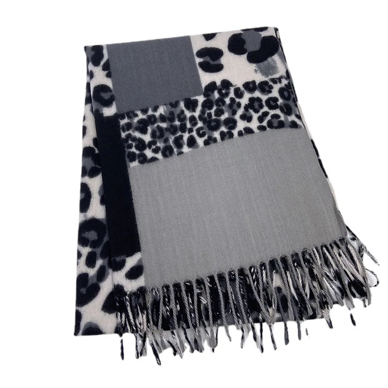 Cross-border New Scarves, Printed Imitation Cashmere Shawls, Women's Warm Tassel Color Matching Leopard Print Scarf Wholesale