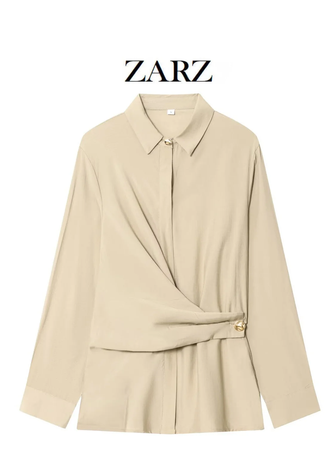 

Golden Button Decor Double Breasted irt Sle New Women's Faionable irt Loose Fit Long Sve Polyester Material