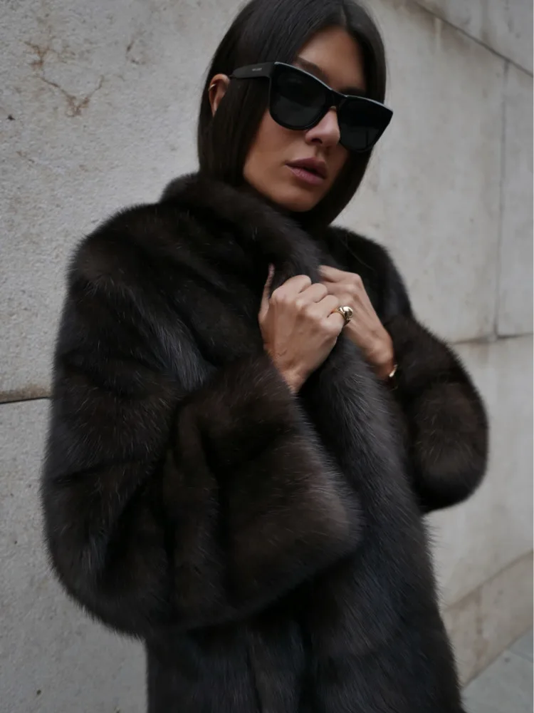 DFDG femmes 2025 automne hiver élégant luxe fausse fourrure manteau épaissi col montant revers à manches longues chaud élégant manteau de fourrure