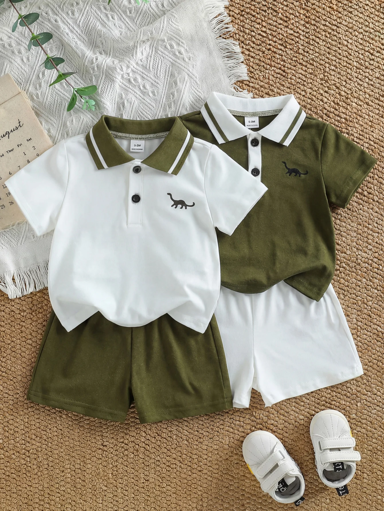 Baby Boy Polo 4‑Piece Set, Contrast Collar Short‑Sleeve Top With Solid Shorts, Casual Kids Outfit For Summer Trip