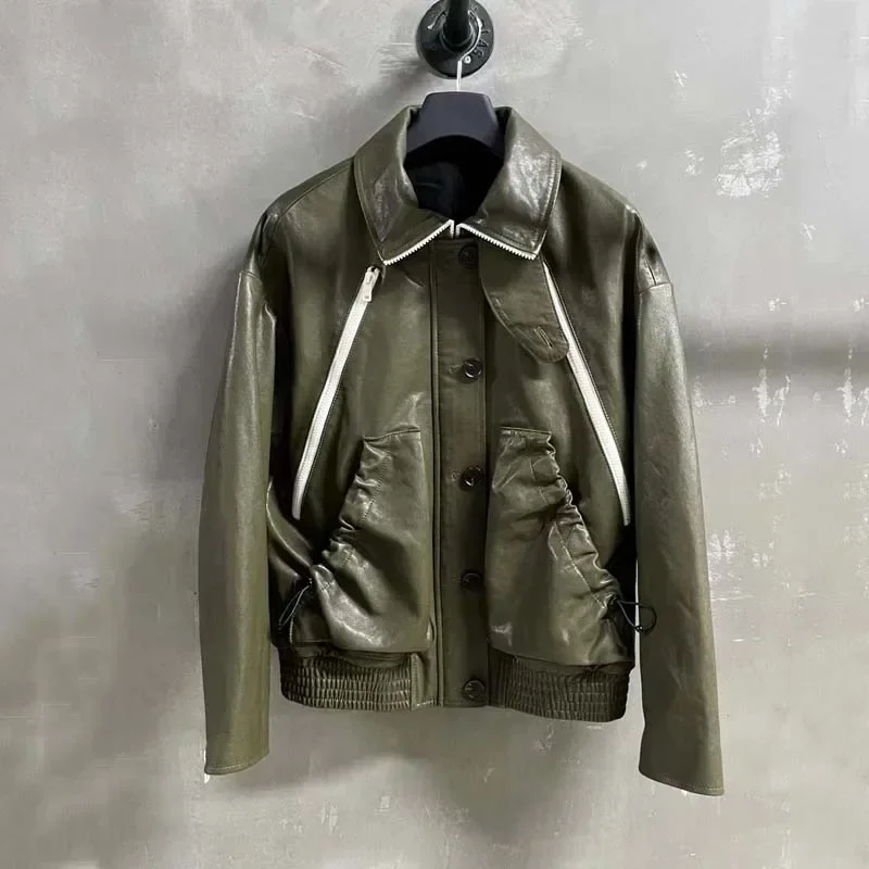 Echte Lederjacke Umlegekragen Damen Mantel Frühling Einreiher Ultradünne pflanzlich gegerbte Schaffellmode