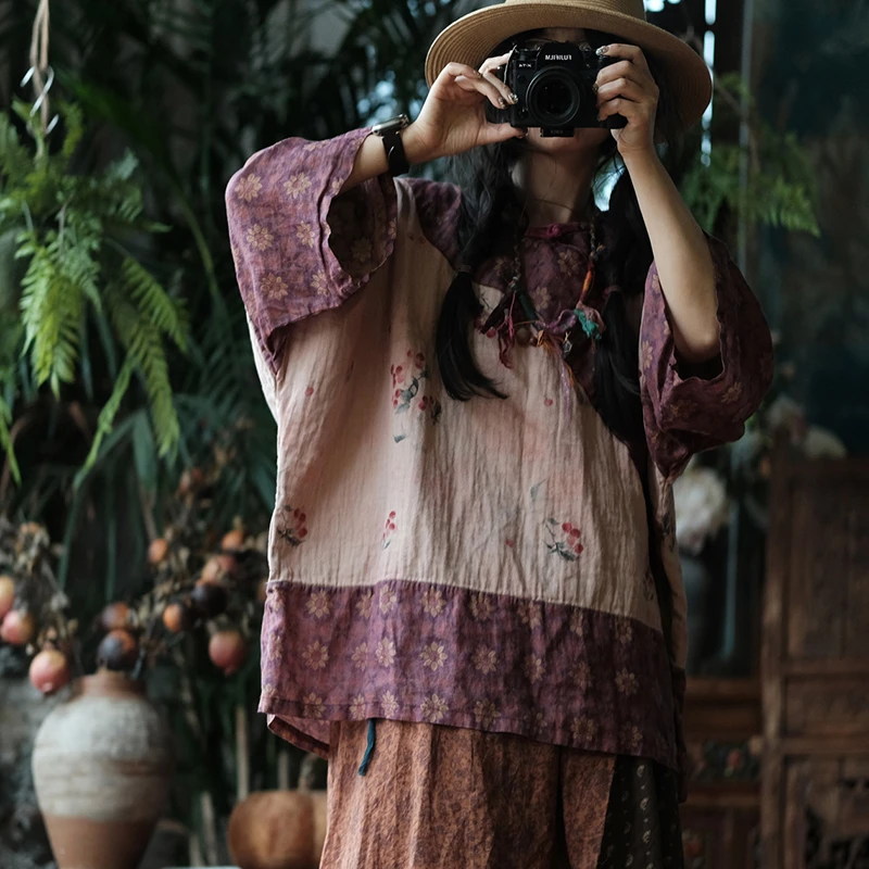 Chinese Style Women Cotton Casual Shirt New Arrival 2026 Summer Floral Print Loose Female Batwing Sleeve Tops Shirts M2765