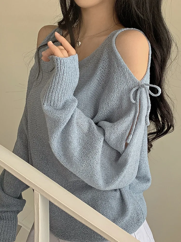 Chic Summer Loose Shoulder Open Split Long Sleeve Knitted Top Women's Thin Overhead Sweater Korean Style round Neck Batwing S...