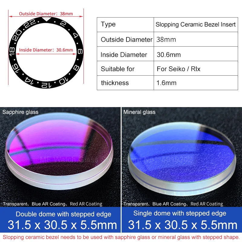 38*30.6mm Sloped Ceramic Bezel Insert GMT style For SKX007 Divers SKX011 for Rlx GMT-Master MOD Watch Parts