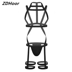 섹시한 남성 하네스 세트, 탄성 고삐 가슴 바디 스트랩, 란제리 끈 다리 벨트 브리프 바디 수트, 나이트 클럽 무대 공연 의상
