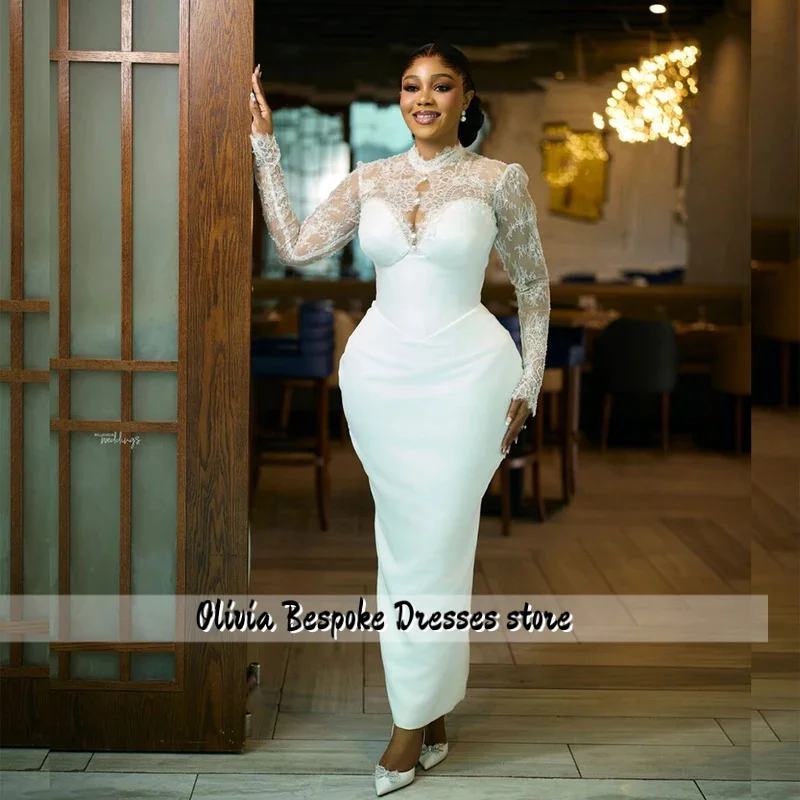 White Civil Wedding Dress for Bride Long Sleeve Ankle Length Lace Satin Court Engagement Nigeria Bridal Gown Customized