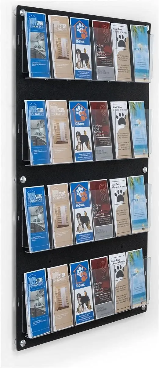 Wall Pamphlet Display, Acrylic, 12/24 Adjustable Slots, Aluminum Standoffs - Black (2RP12BLK)