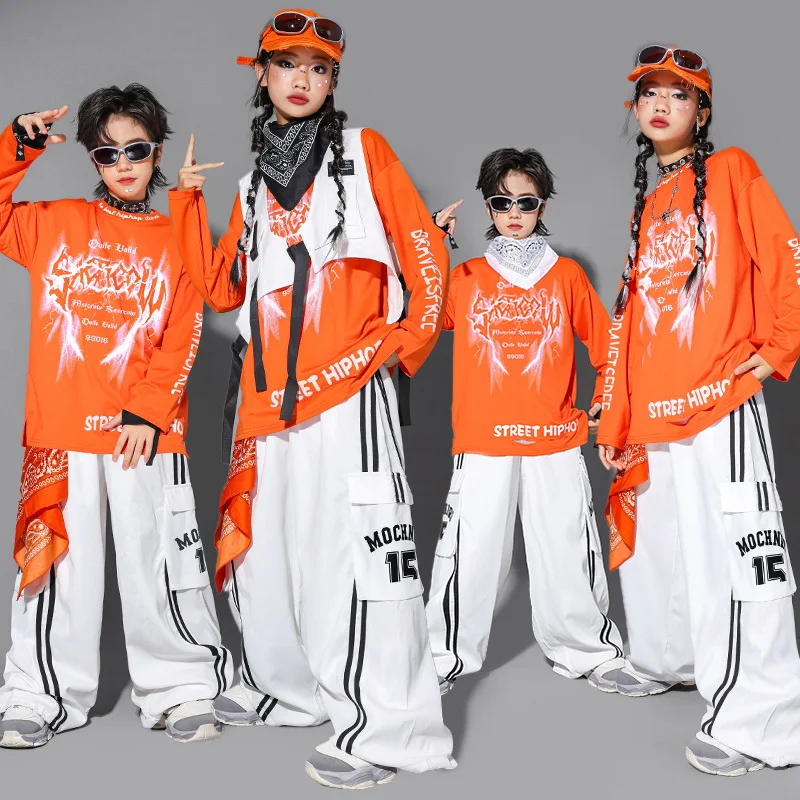 

Комплект детской одежды в стиле хип-хоп: крутой свитшот с граффити, жилет, брюки карго для уличных танцев, костюм для девочек в стиле K-pop и джаз, детская уличная одежда