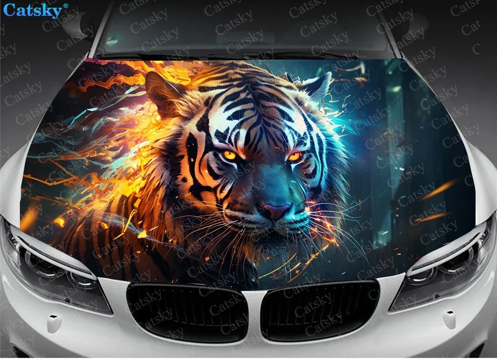 Tiger with Lightning Car Hood Decal Stickers Wrap Vinyl Film Engine Cover Decals Sticker Car Hood Protective Film