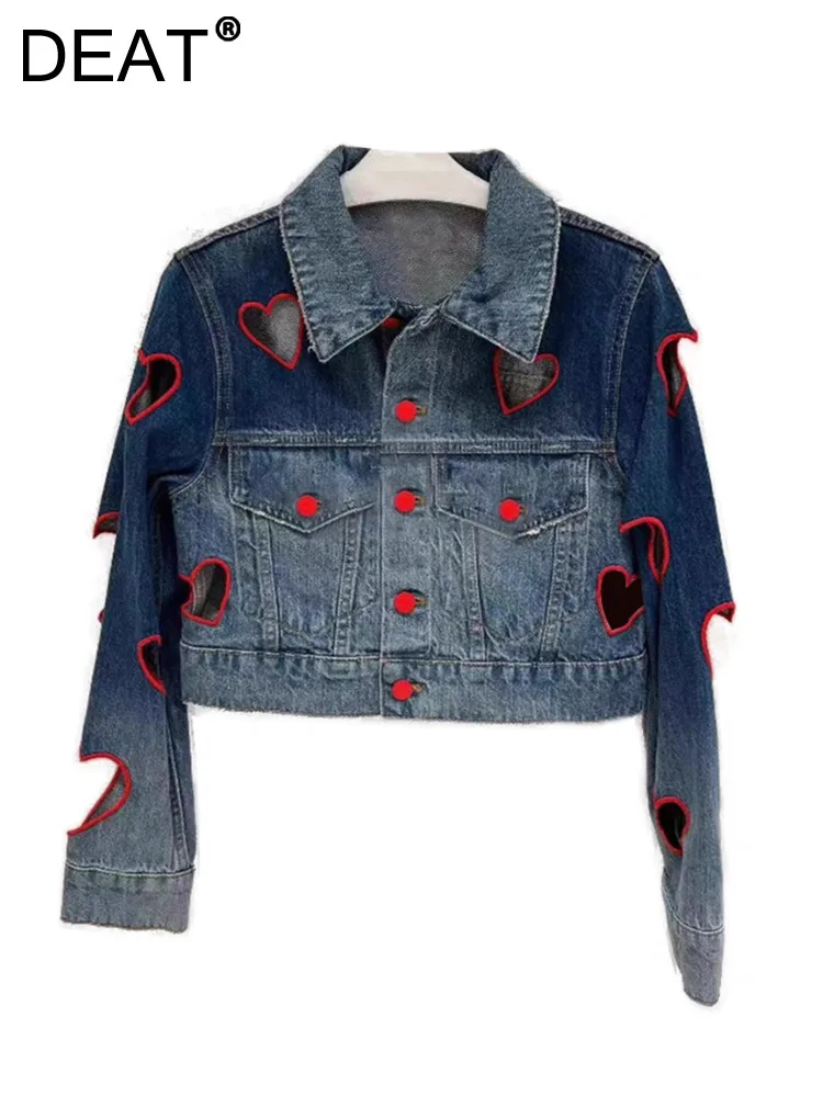 

DEAT Women's Denim Coat Heart Hollow Out Red Buttons Embroidery Single Breasted Female Jackets 2024 Autumn New Fashion 29L7457