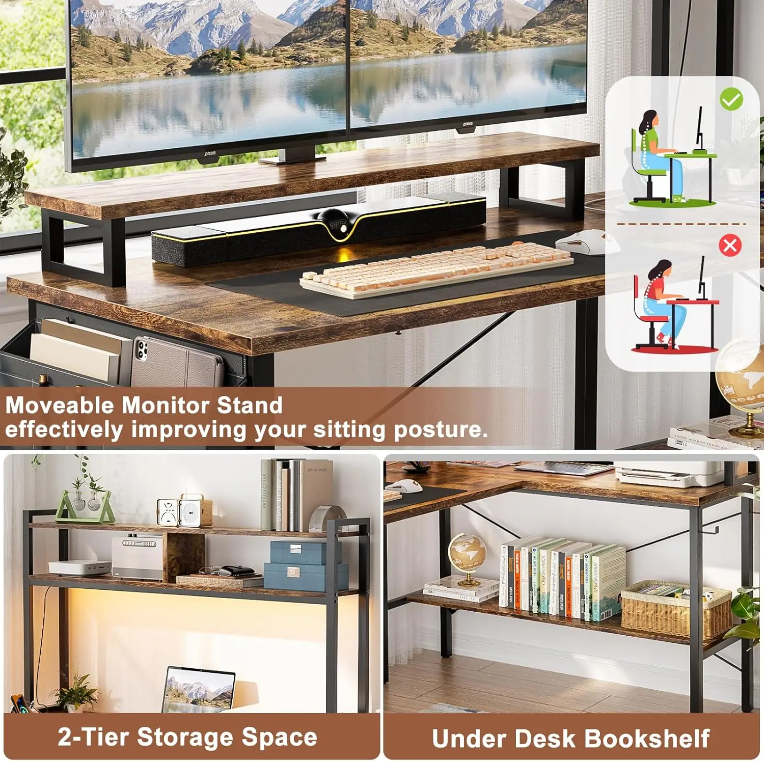 L Shaped Gaming Desk with Power Outlets & LED Lights, Small L-Shaped Desk Computer Corner Desk with Monitor Stand & Storage Shel