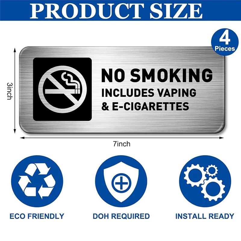 ABKS-Piece ممنوع التدخين 4 قطع 7 × 3 بوصة علامات للمنزل والأعمال علامات تحذير صناعية ذاتية اللصق معدنية بدون دخان #3