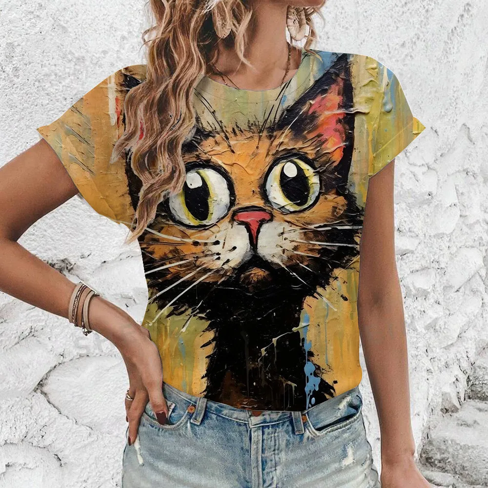 Elegant Short Sleeved T-Shirt Women\'s T-Shirt Oversized T-Shirt Retro Style Cats Pattern Print T-Shirt Fashion Leisure T-Shirt